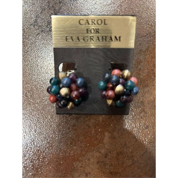 Carol for Eva Graham vintage clip beaded earrings gold blue mauve green glam - Picture 2 of 6